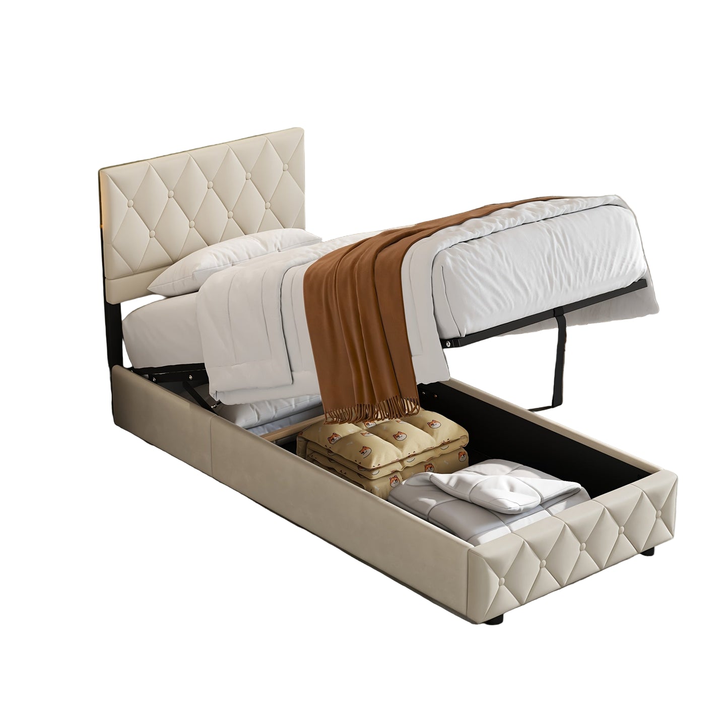 Boxspring Bed – Bed Met Opbergruimte – Slaapbank – Opbergbed – Hoofdbord Bed – 90x190 cm Beige – Hydraulische Opbergruimte – Linnen Stof