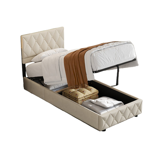 Boxspring Bed – Bed Met Opbergruimte – Slaapbank – Opbergbed – Hoofdbord Bed – 90x190 cm Beige – Hydraulische Opbergruimte – Linnen Stof