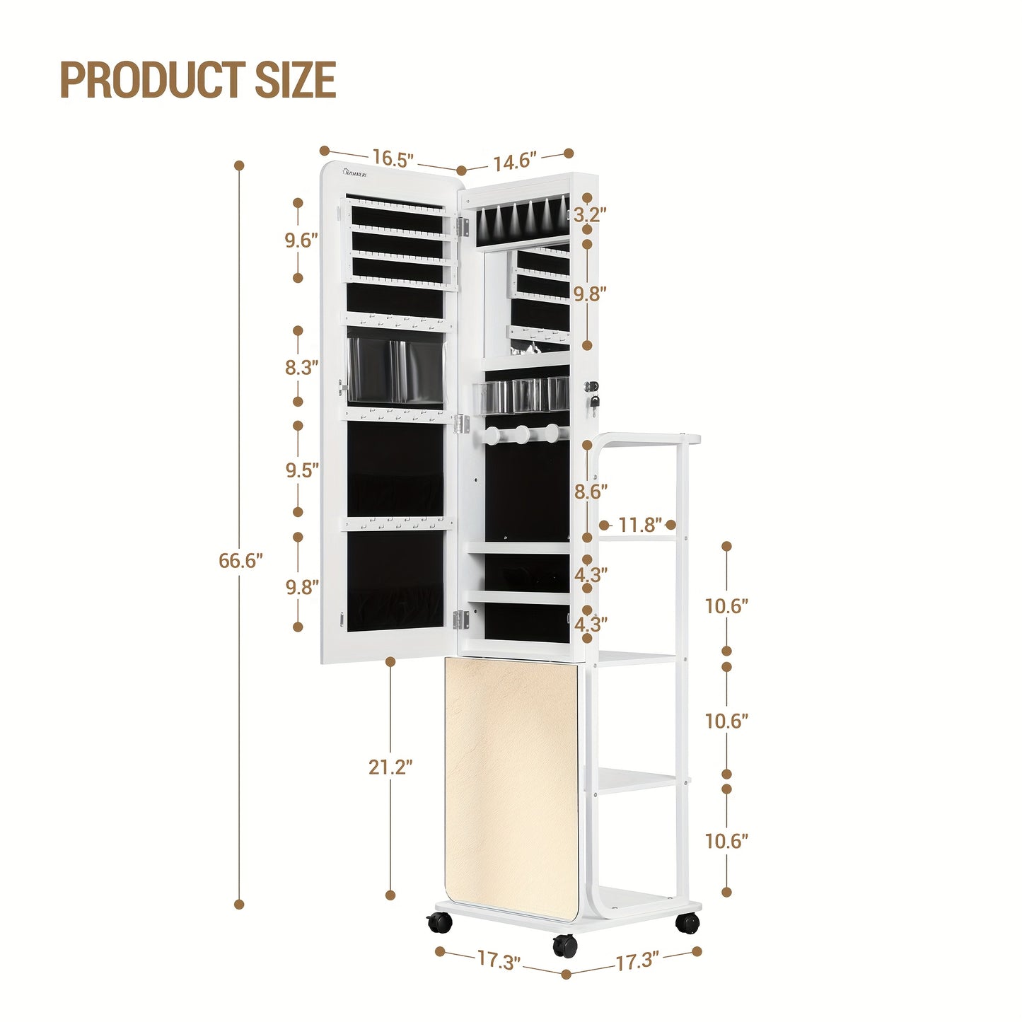 Sieradendoos – Juwelendoos – Sieradenhouder – Organizer – Opbergkast – Met 360° Draaibare Spiegel – Ingebouwde Make-up Spiegel met LED – Slot en Wieltjes – Extra Groot Formaat – MDF Wit
