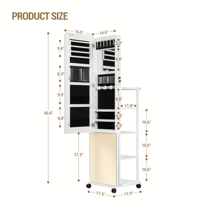 Sieradendoos – Juwelendoos – Sieradenhouder – Organizer – Opbergkast – Met 360° Draaibare Spiegel – Ingebouwde Make-up Spiegel met LED – Slot en Wieltjes – Extra Groot Formaat – MDF Wit