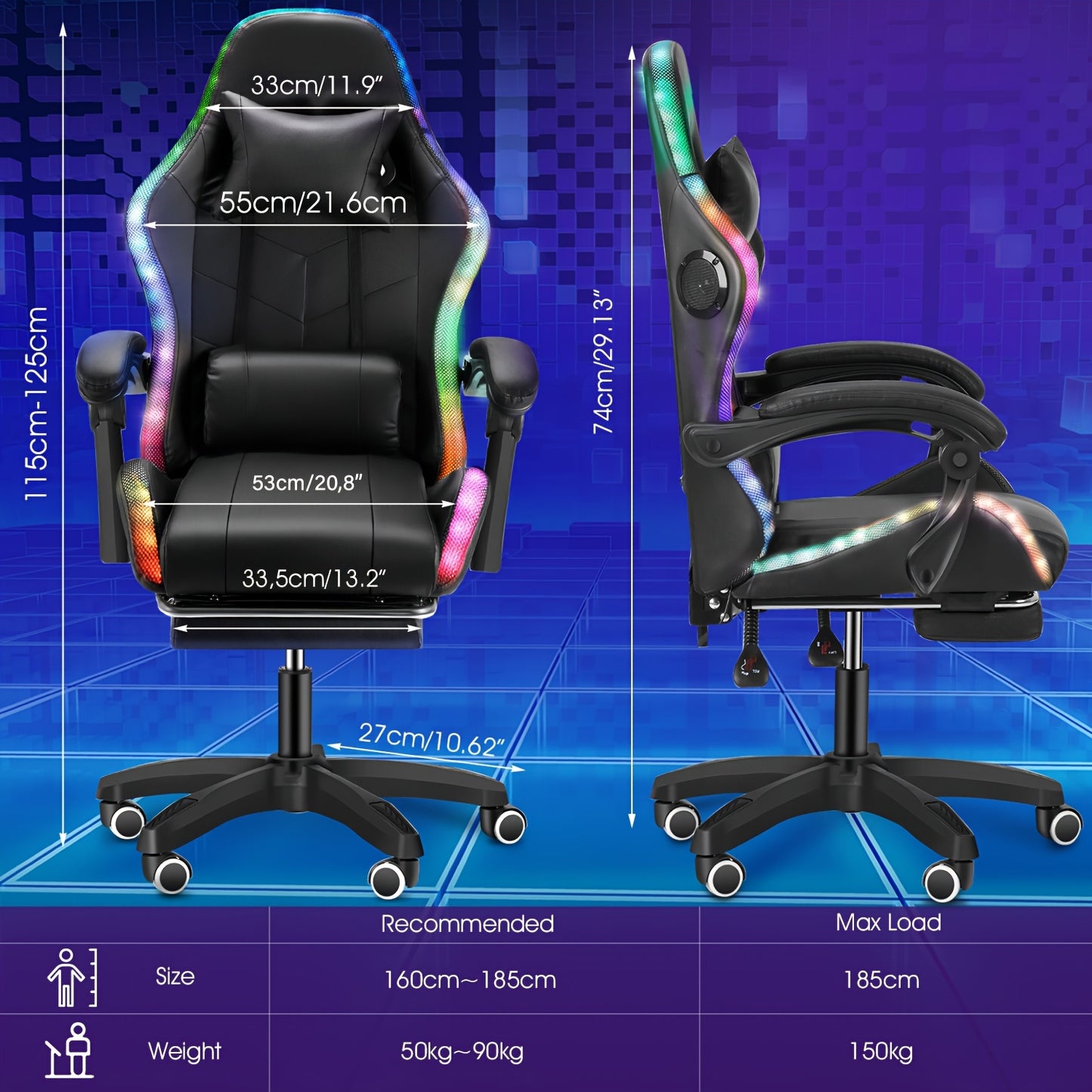 Gamingstoel – Gamestoel – Zithoekstoel – Bureaustoel – Computerstoel – RGB Verlichting – Ingebouwde Speakers – Ergonomisch Recliner – Verstelbare Hoogte – Opvouwbare Basis – Zwart