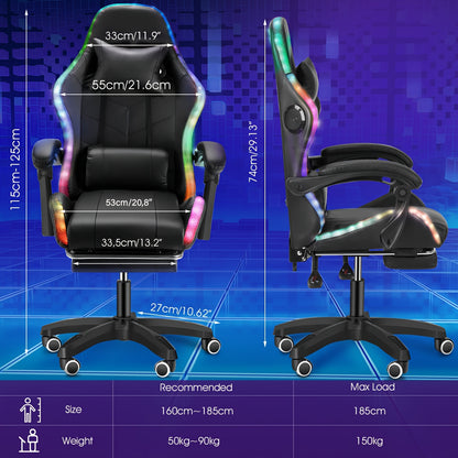 Gamingstoel – Gamestoel – Zithoekstoel – Bureaustoel – Computerstoel – RGB Verlichting – Ingebouwde Speakers – Ergonomisch Recliner – Verstelbare Hoogte – Opvouwbare Basis – Zwart