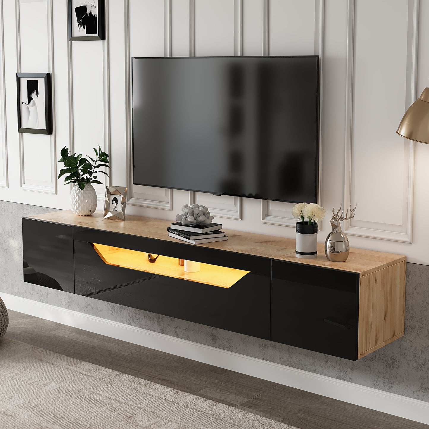 Modern Floating Wall-Mounted TV Stand with 3 Storage Compartments & Low Panel - Heavy-Duty Metal Construction, Space-Saving Design for 75-Inch TVs, Black & Natural Wood Finish, Minimalist Entertainment Center for Living Room,