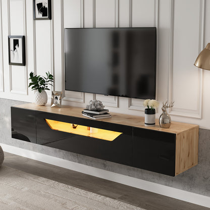 Modern Floating Wall-Mounted TV Stand with 3 Storage Compartments & Low Panel - Heavy-Duty Metal Construction, Space-Saving Design for 75-Inch TVs, Black & Natural Wood Finish, Minimalist Entertainment Center for Living Room,