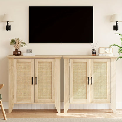 Dressoir – Buffetkast – Sideboard – Opbergkast – Kast – Rattan En MDF – Verstelbare Plank – 76x40x80 cm – Natuurlijke Houtkleur