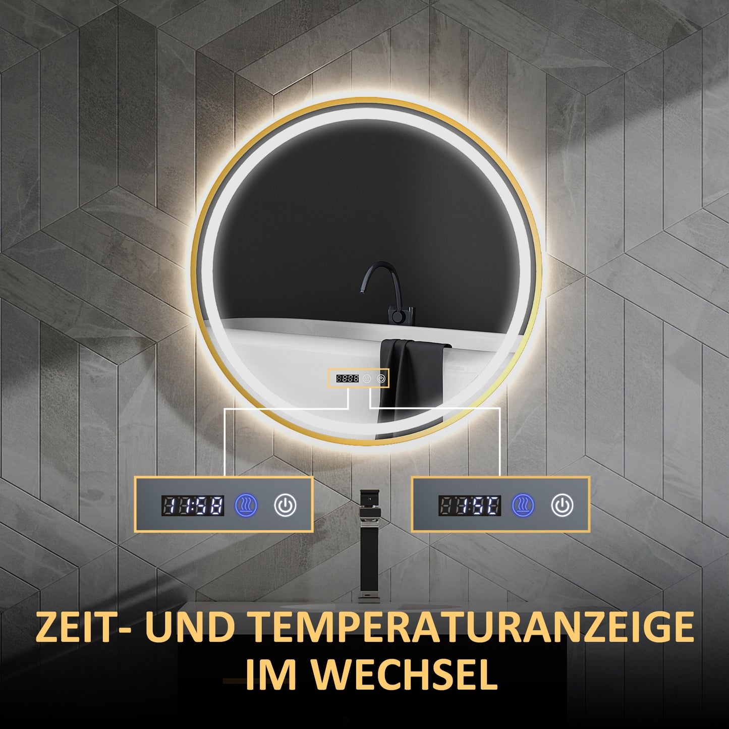 Ronde Badkamerspiegel – Spiegel Met LED Verlichting – Badkamerspiegel Met Antibeslag – Touch Spiegel – Digitale Badkamerspiegel – Goudkleurig Design – Zelfvoorzienende Stroom – Tijd- En Temperatuurweergave
