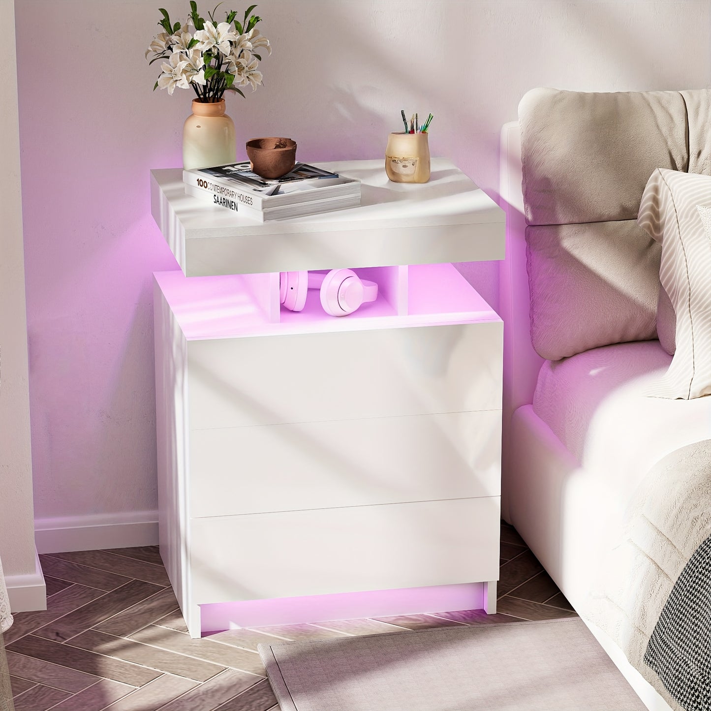 Nachtkastje – Bijzettafel – Opbergkast – Ladekast – Slaapkamerkast – Massief Hout – 3 Lades Met Zachte Rails – Compact Wit Design