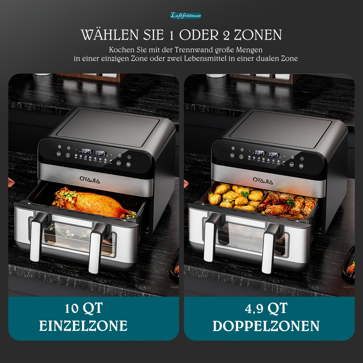 9L Dual Basket Air Fryer with Dual Cooking Zones (4.5L+4.5L Pots) - 2400W High-Power Fast Cooking, 8-in-1 Presets, Touchscreen & Visible, ABS & Suitable for, Gatherings, Restaurants