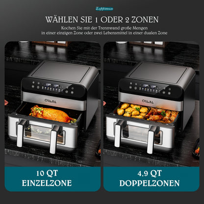9L Dual Basket Air Fryer with Dual Cooking Zones (4.5L+4.5L Pots) - 2400W High-Power Fast Cooking, 8-in-1 Presets, Touchscreen & Visible, ABS & Suitable for, Gatherings, Restaurants