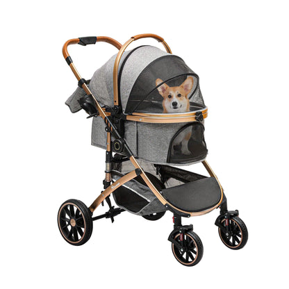 Hondenwagen – Wandelwagen – Autostoeltje – Draagmand – Hondenbuggy – Grijs – Stevig Stalen Frame – Inklapbaar & Met Afneembare Opbergtas