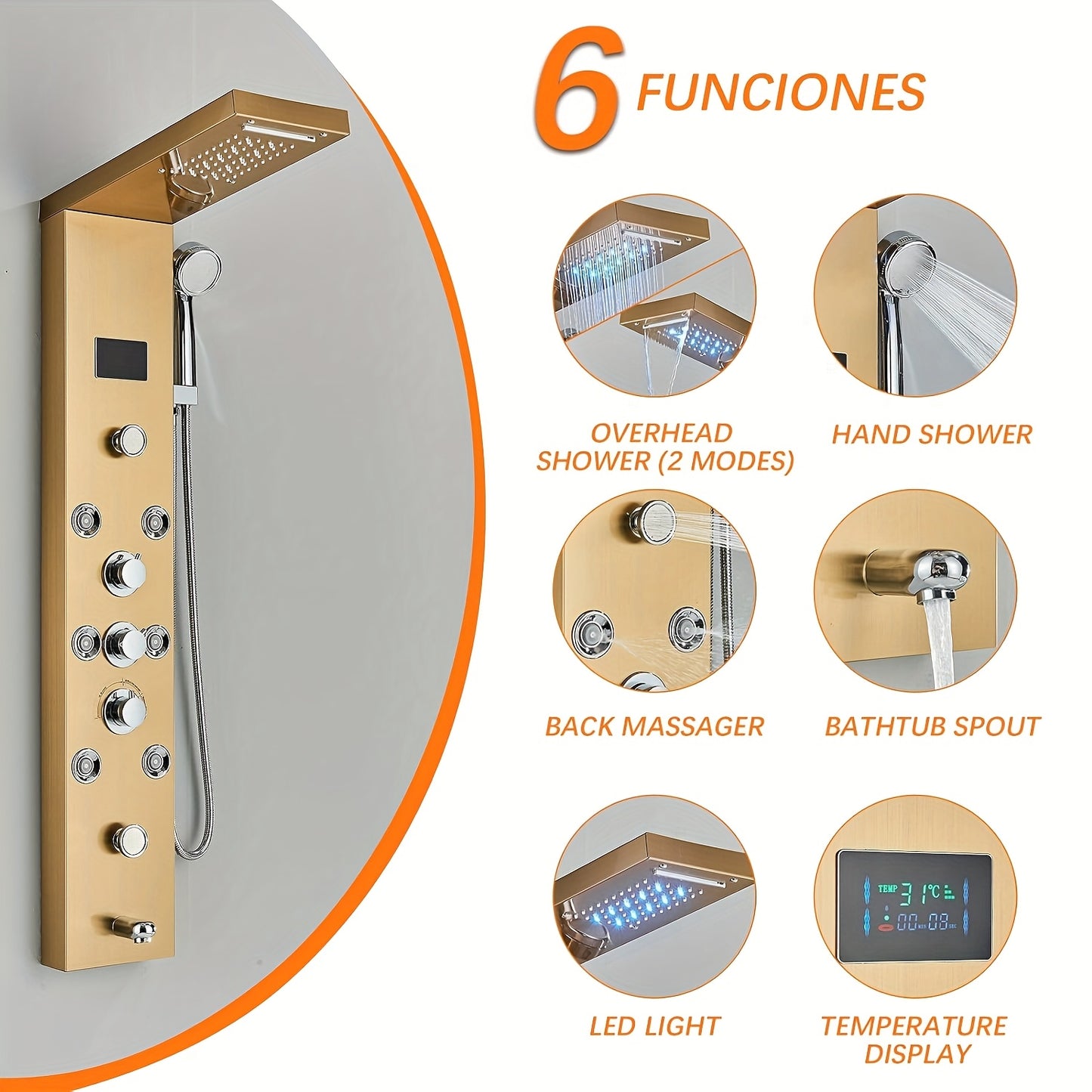 Douchepaneel – Douchewand – Regendouche – Handdouche – Massage Douche – Gouden Kleur – Roestvrij Staal – Multifunctioneel Met Regen- En Massagefunctie