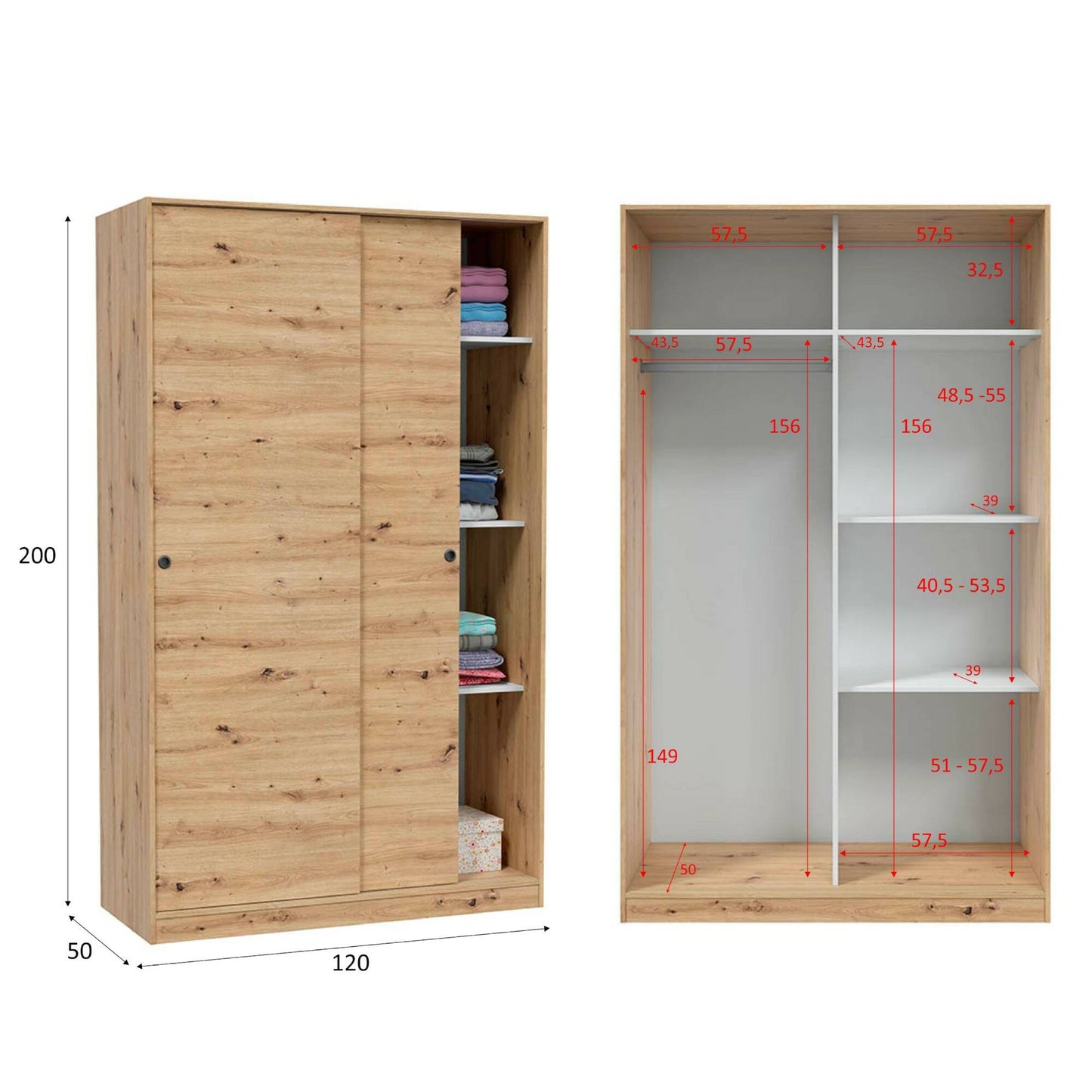 Wardrobe 2 in Front of Dnoce, Bedroom Closet, Furniture with 4 Shelves And Clothes Rail, 120X50H200 Cm, Available in 4 Colors