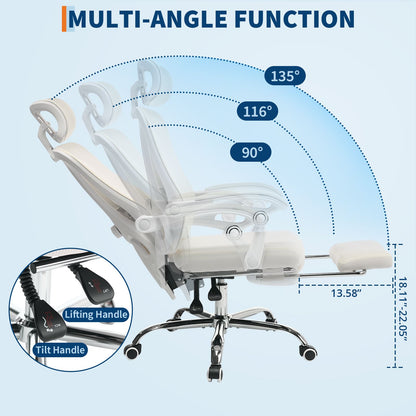 Ergonomische Bureaustoel – Kantoorstoel – Desk Chair – Werkstoel – Computestoel – Met Voetsteun – Verstelbare Lendensteun – 360° Draaibaar – Beige Mesh