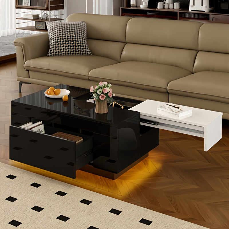 Salontafel – Koffietafel – Bijzettafel – Lounge tafel – Modern Tafel – Lift-top Verstelbaar – Verborgen Opbergruimte – Zwart Met Gouden Accenten – Onderhoudsarm Kunststof – Compact Voor Kleine Woonkamers