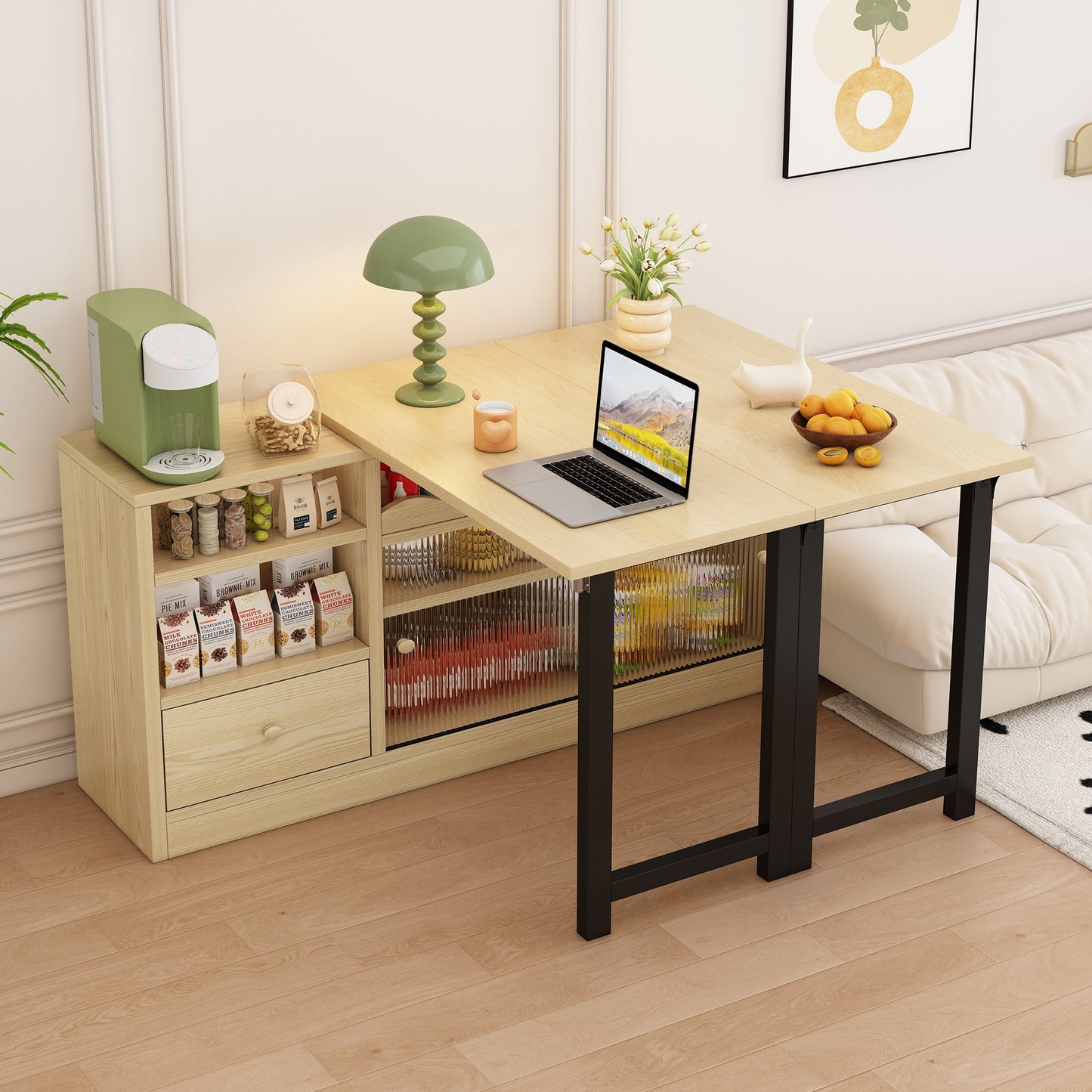Inklapbare Eettafel – Opvouwbare Tafel – Uitklapbare Eettafel – Opbergbare Eettafel – 360° Draaibaar – Houten Blad Met Zwart Metalen Frame – Ruime Opbergruimte – Compact & Multifunctioneel