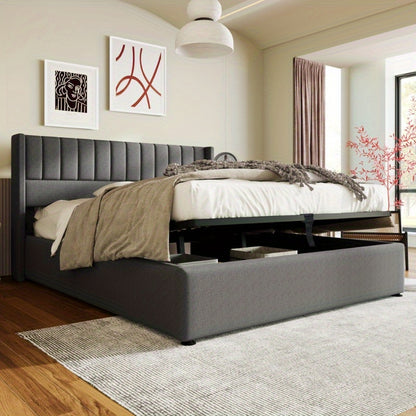 Tweepersoonsbed – 2-Persoonsbed – Bedframe – Bed – Slaapbed – Verstelbare Hoogte – Dubbele Laag Opbergruimte – 140x200 cm – Grijze Linnen Bekleding