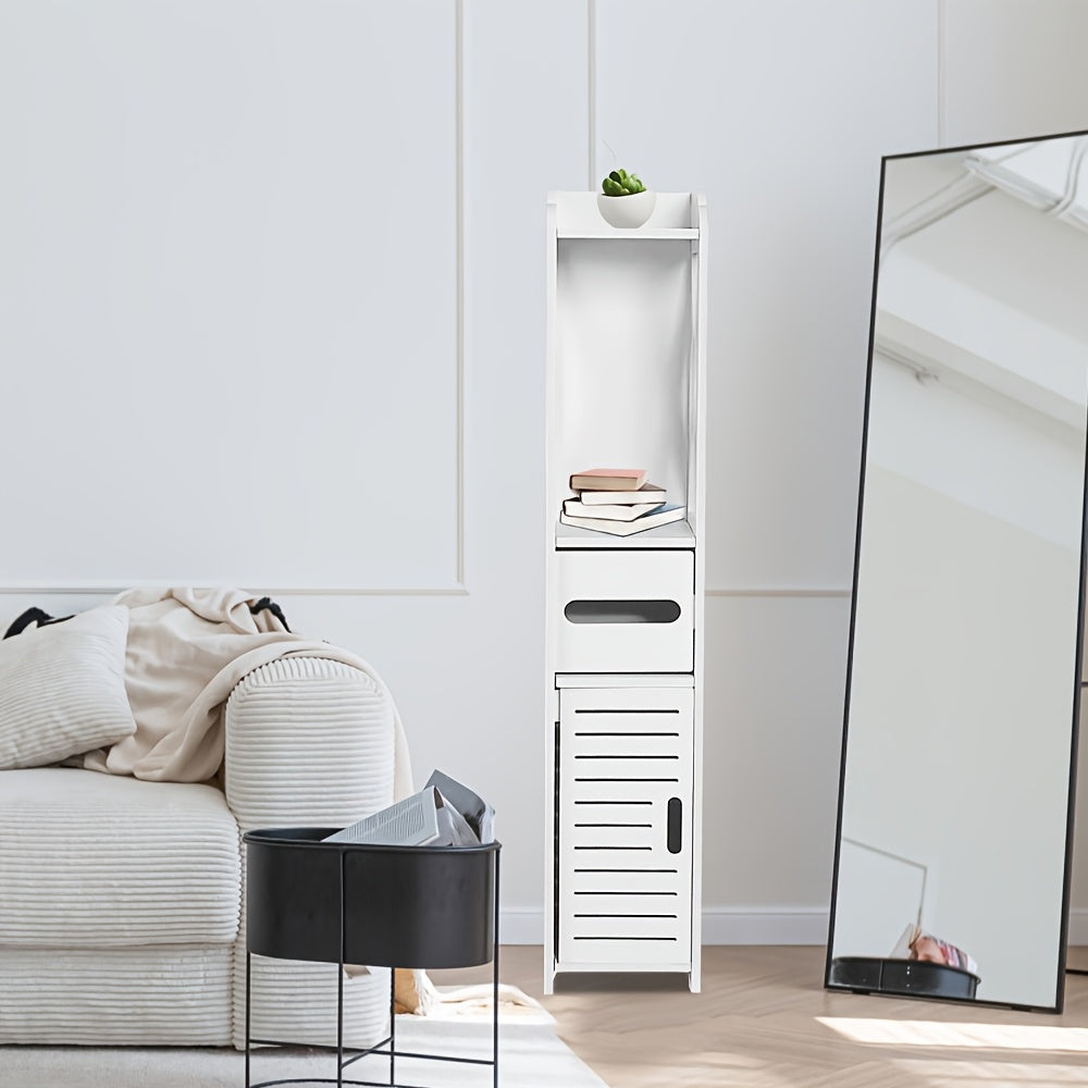 Badkamerkast – Opbergkast – Kolomkast – Opbergmeubel – Smalle Kast – Compact Ontwerp – PVC en Hardhout – 15x15x80 cm – Wit – Vrijstaand – Met Deur