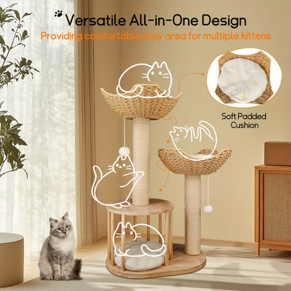 Kattenkrabpaal – Kattenboom – Krabpaal – Kattenmeubel – Klimpaal – 60x40x99 cm – Houten 3 Laags – Stabiel Antikantel Ontwerp
