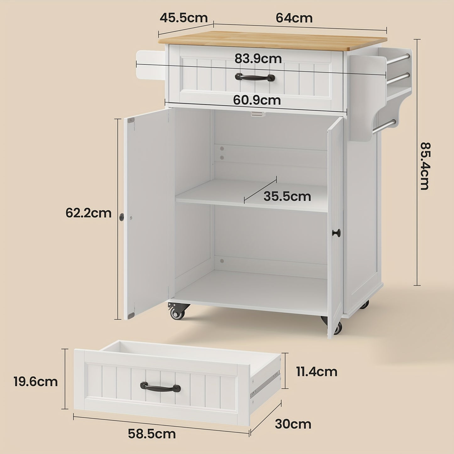Witte Opbergkast – Rollende Kast – Mobiele Kast – Opbergrek – Keukenkast – 90 Liter Inhoud – Massief Hout & Kunststof
