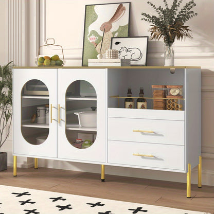 Dressoir – Buffetkast – Ladekast – Sideboard – Opbergkast – Modern Wit Met Gouden Accenten – 2 Glazen Deuren & 2 Lades – Luxe Strakke Afwerking – Stevig & Duurzaam