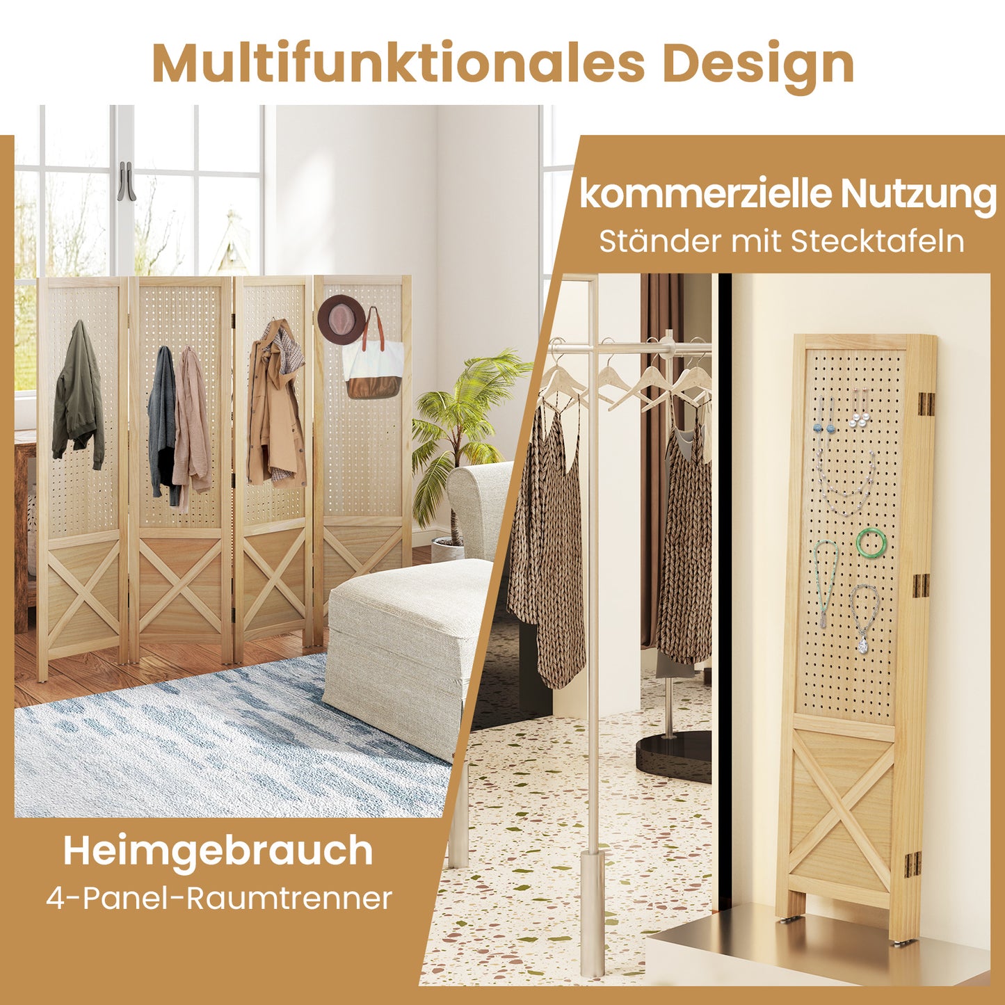 Kamerscherm – Roomdivider – Scheidingswand – Paravent – Privacyscherm – Hout – 4 Panelen – Inklapbaar & Pegboard