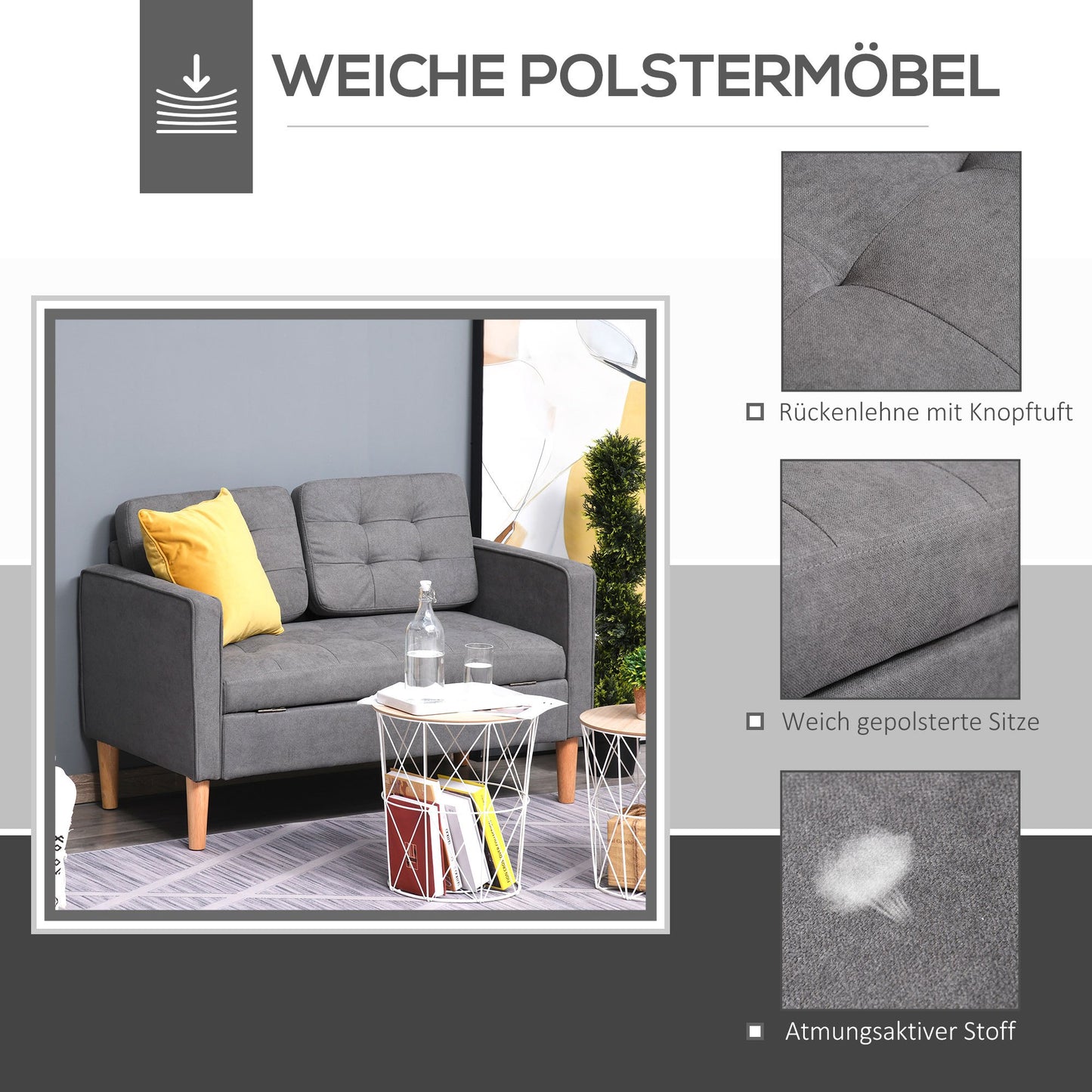 2-Zitsbank – Sofa – Loveseat – Zitbank – Bankstel – Grijs – Fluweelachtig Bekleed – Met Opbergruimte