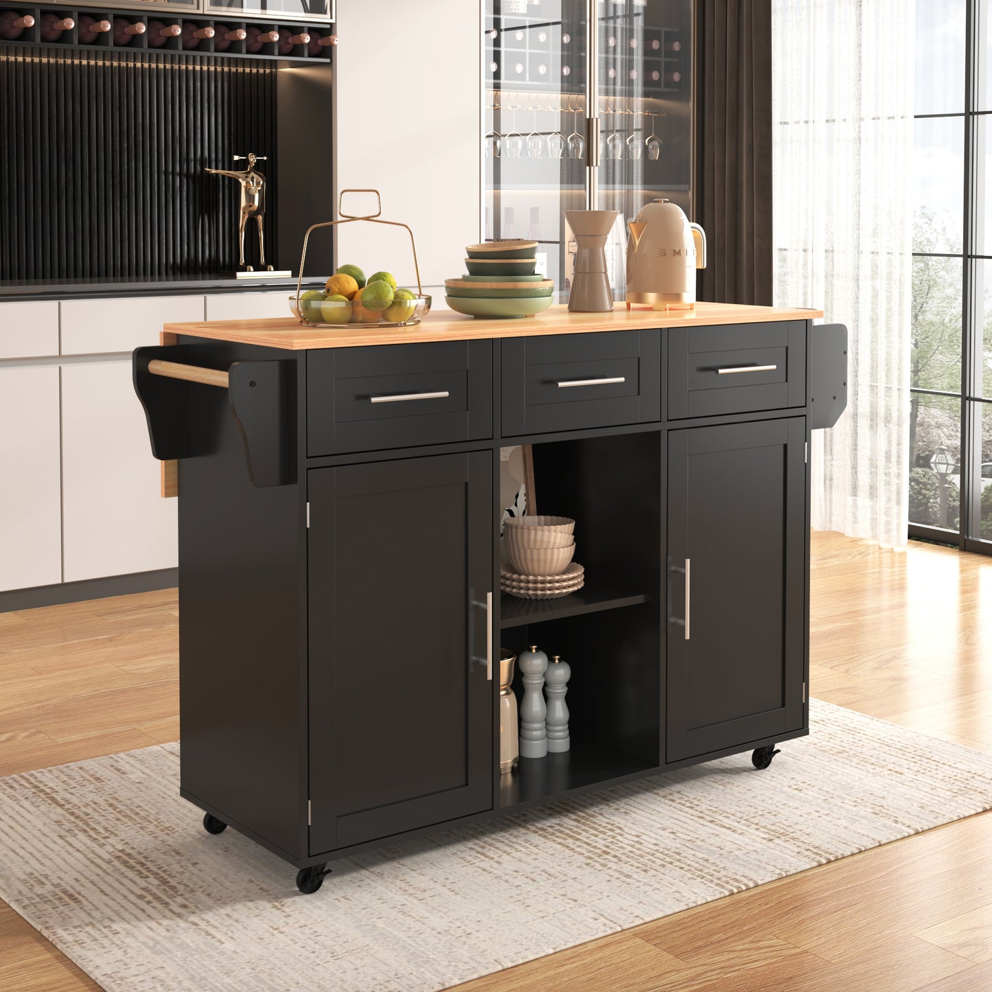 Keukenwagen – Keukentrolley – Servierwagen – Keukenkar – Rolkast – Uitklapbaar Werkblad – Houtlook Blad – 139x46(71)x91,5 cm – Met Laden en Verstelbare Planken – Mobiel en Vast Plaatsbaar – Zwart Met Houten Poten