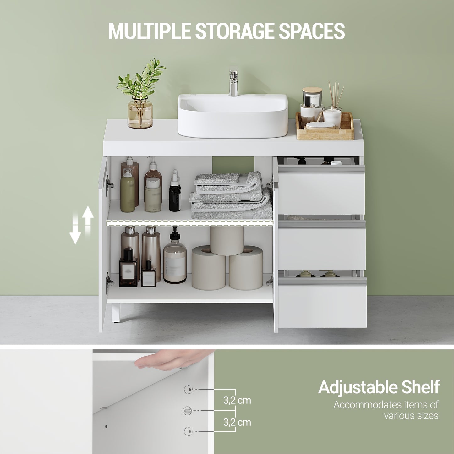 Badkamerkast – Wastafelmeubel – Badkamermeubel – Opbergkast – Kast Met Laden – Vrijstaand – 3 Laden En 2 Compartimenten – Duurzaam Spaanplaat – Compact 30x90x64 cm – Wit
