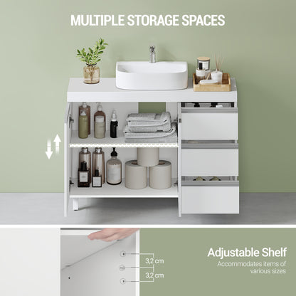 Badkamerkast – Wastafelmeubel – Badkamermeubel – Opbergkast – Kast Met Laden – Vrijstaand – 3 Laden En 2 Compartimenten – Duurzaam Spaanplaat – Compact 30x90x64 cm – Wit