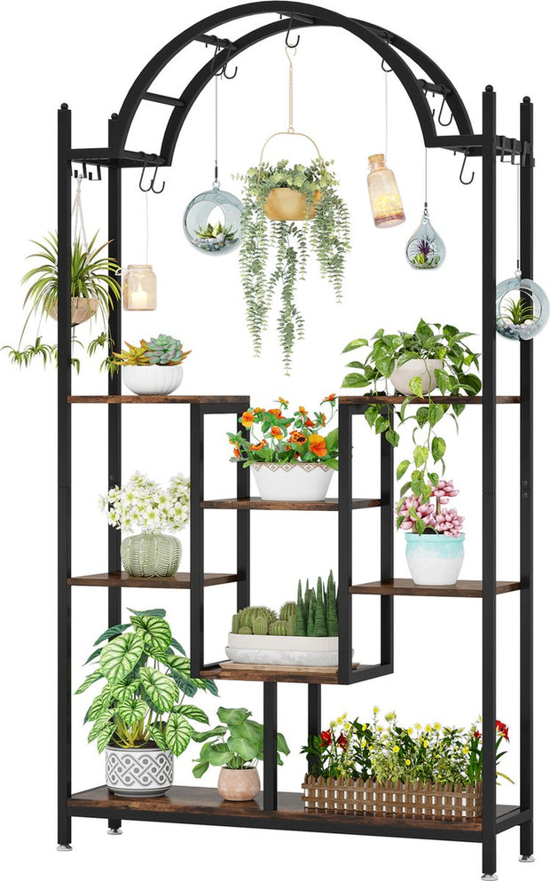 Plantenrek - Plantenstandaard - Plantenrek voor Binnen en Buiten - Plantenrek met 5 Niveaus en 8 S-haken - Rustiek Bruin/Zwart - 100 x 30 x 190 cm