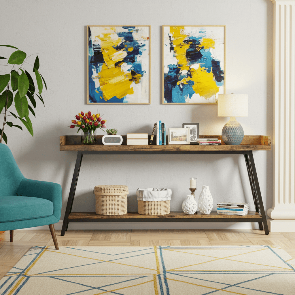 Sidetable – Consoletafel – Wandtafel – Haltafel – Bijzettafel – Extra Lang 178 cm – Industrieel Rustiek Bruin – Stevig MDF – Inclusief Krukken