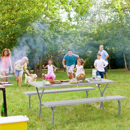 Biertafeltje – Biertafel – Bierbank – Biertafelset – Biertentset – Weerbestendig HDPE Tafelblad – Inclusief Parasolhouder – Voor 6-8 Personen – Grijs