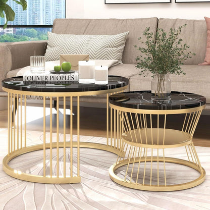 Salontafel – Bijzettafel – Nesting Tafel – Woonkamertafel – Balkon Salontafel – Metaal Frame – Marmerlook – Set Van 2 – Ronde Bladen – Ruimtebesparend – Lichtgewicht