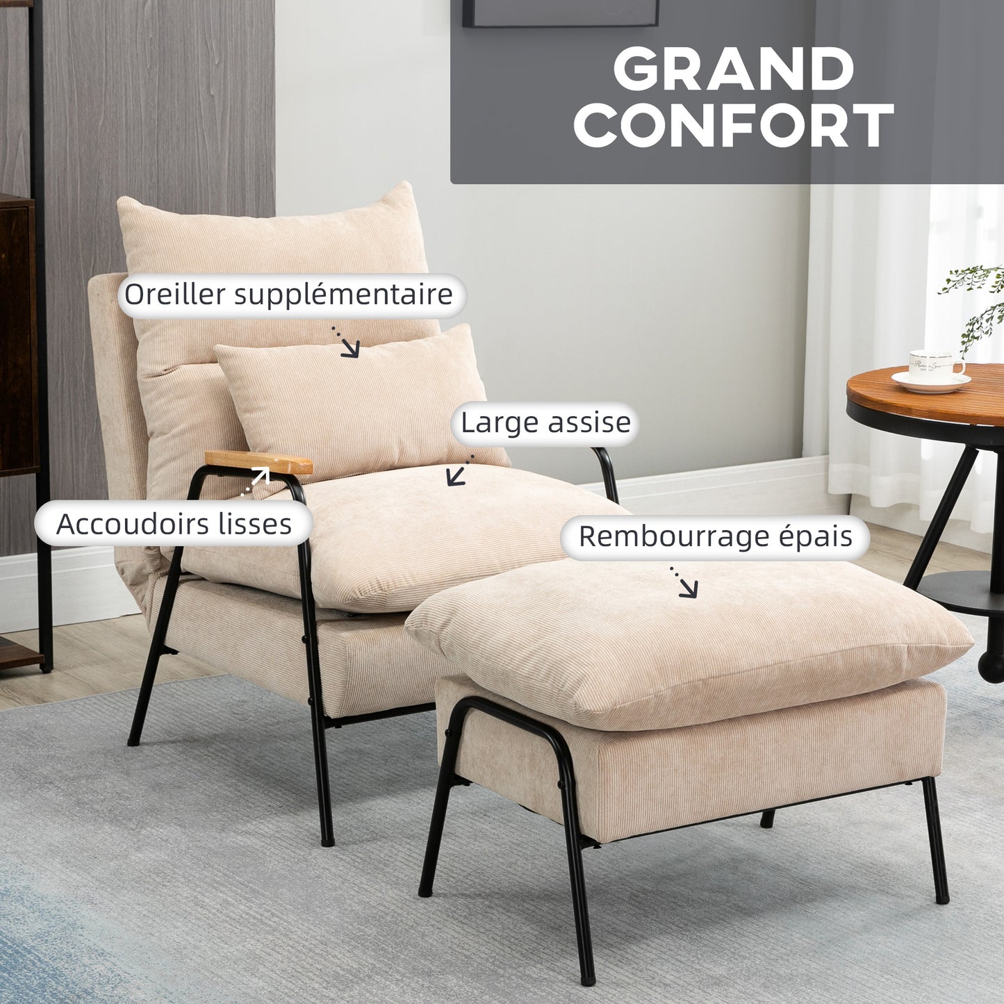 Relaxfauteuil – Lounge Fauteuil – Relaxstoel – Leunstoel – Beige Velours – Verstelbare Rugleuning Tot 155° – Zwarte Stalen Onderstel Met Hevea Houten Armleuningen