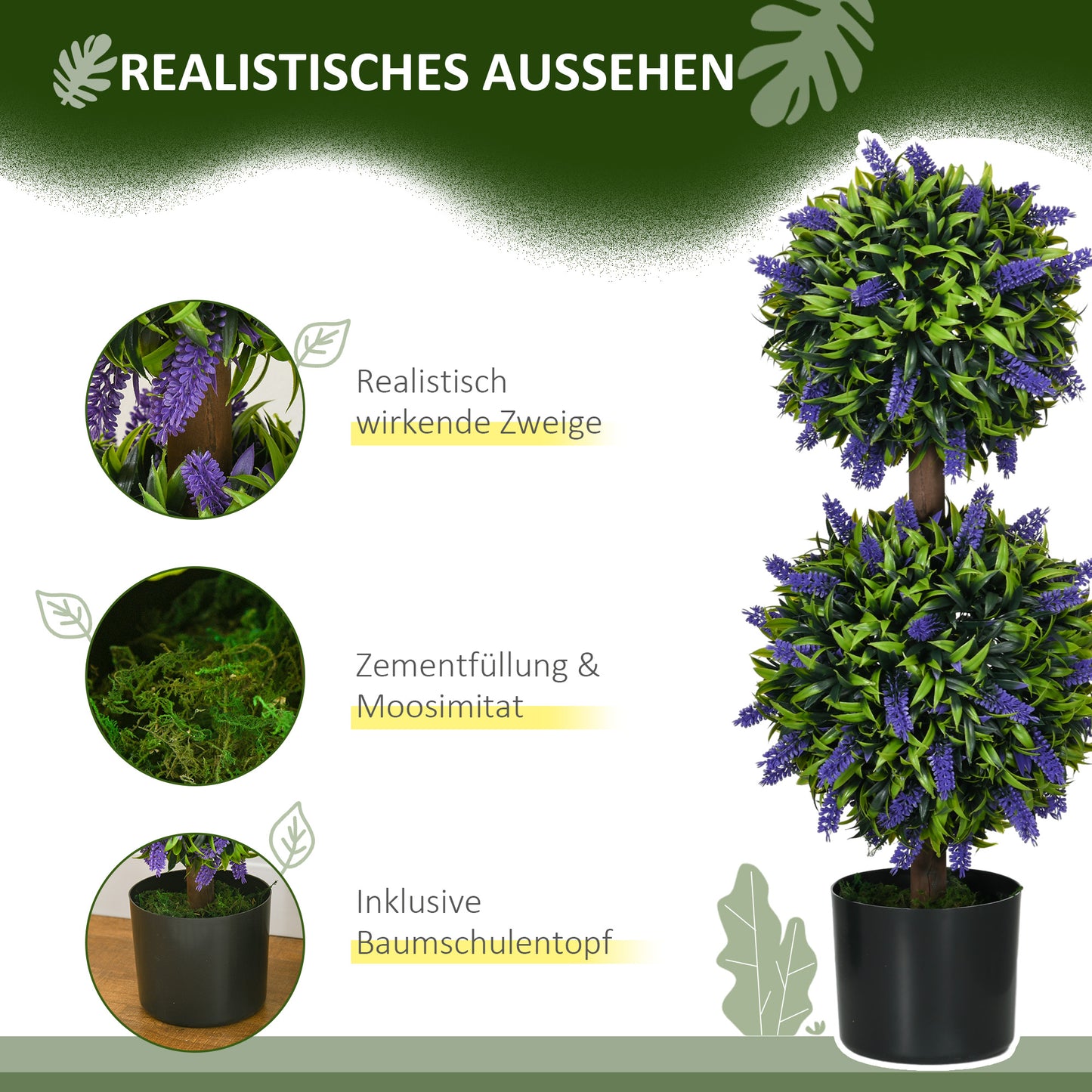Kunstlavendel – Nep Lavendelplant – Sierplant – Kunstbloemen – Kunstplant Set – UV-Bestendig – 70 cm Hoog – Met Cementpot
