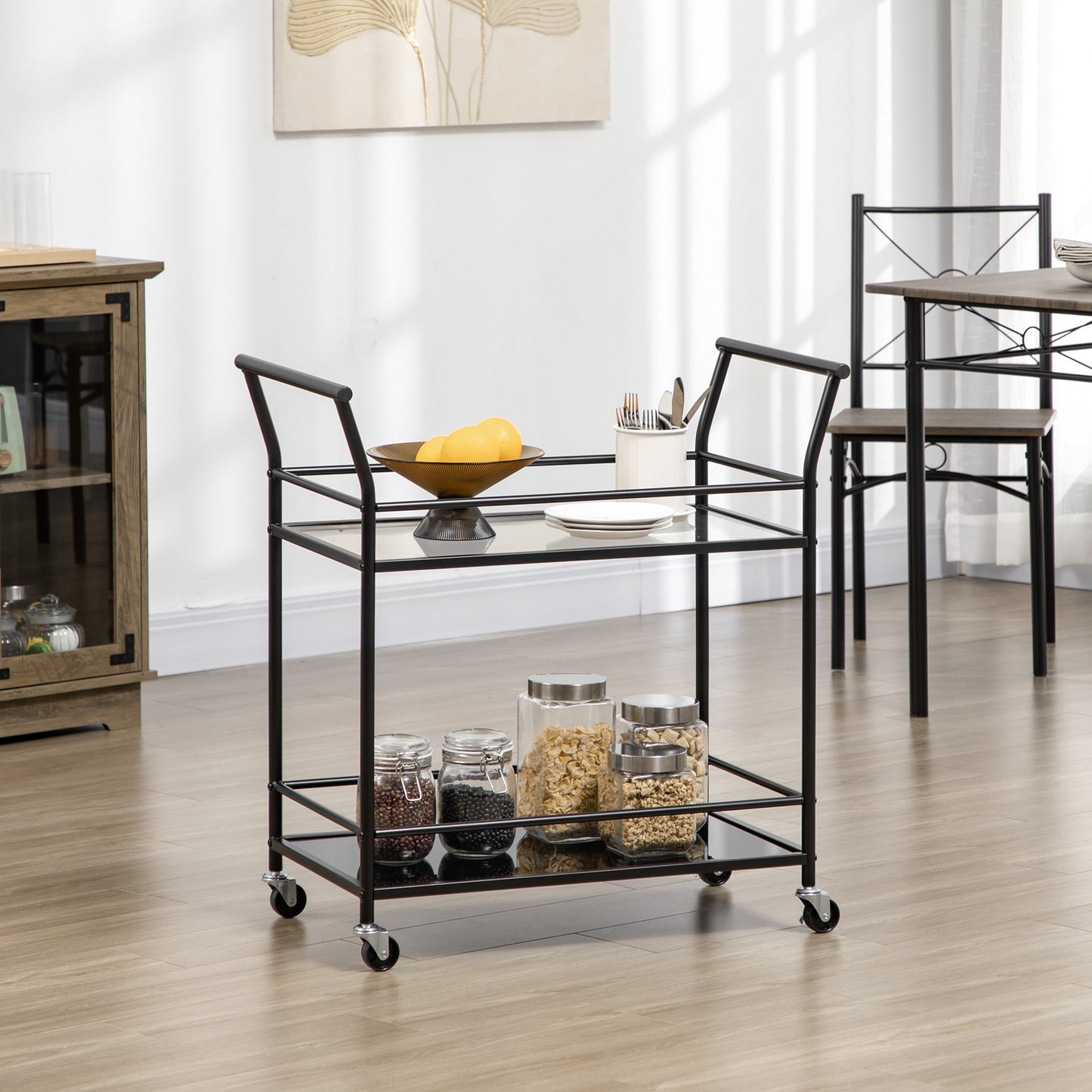 Keukentrolley – Serveerwagen – Keukenwagen – Rolwagen – Opbergtrolley – 2 glazen planken – Metalen frame – 75x40x80 cm – Zwart – 4 zwenkwielen met remmen