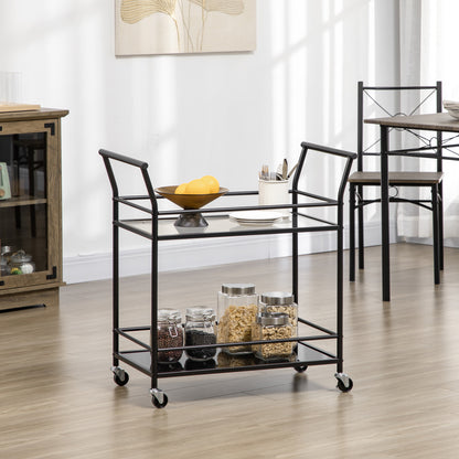 Keukentrolley – Serveerwagen – Keukenwagen – Rolwagen – Opbergtrolley – 2 glazen planken – Metalen frame – 75x40x80 cm – Zwart – 4 zwenkwielen met remmen