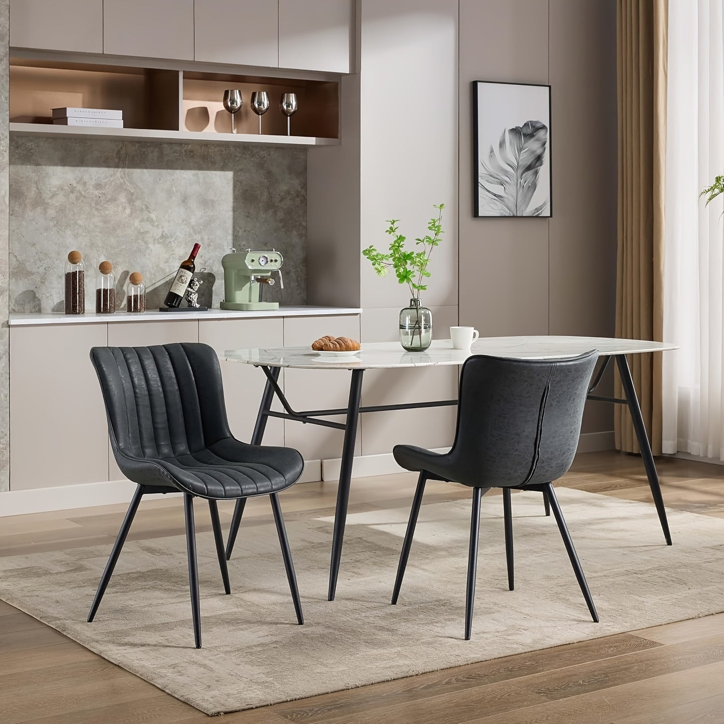 Eetkamerstoelen – Set van 2 Stoelen – Keukenstoelen – Zwarte Woonkamer Stoelen – Armless Design – Modern Stijl – Kunstleer Bekleding – Metalen Poten