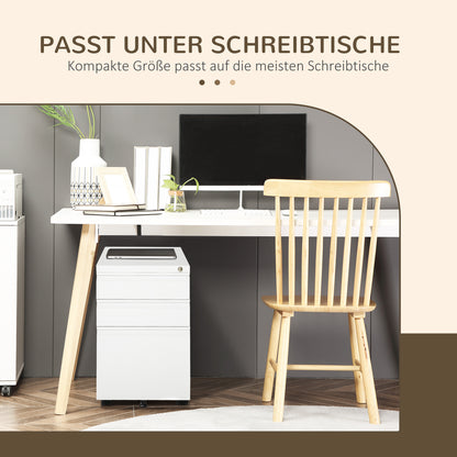 Rollcontainer – Bureaukast – Ladeblok – Kantoorcontainer – Archiefkast – Met 3 Lades – Wit Staal – Lockable – Met Wieltjes – 39x48x60 cm