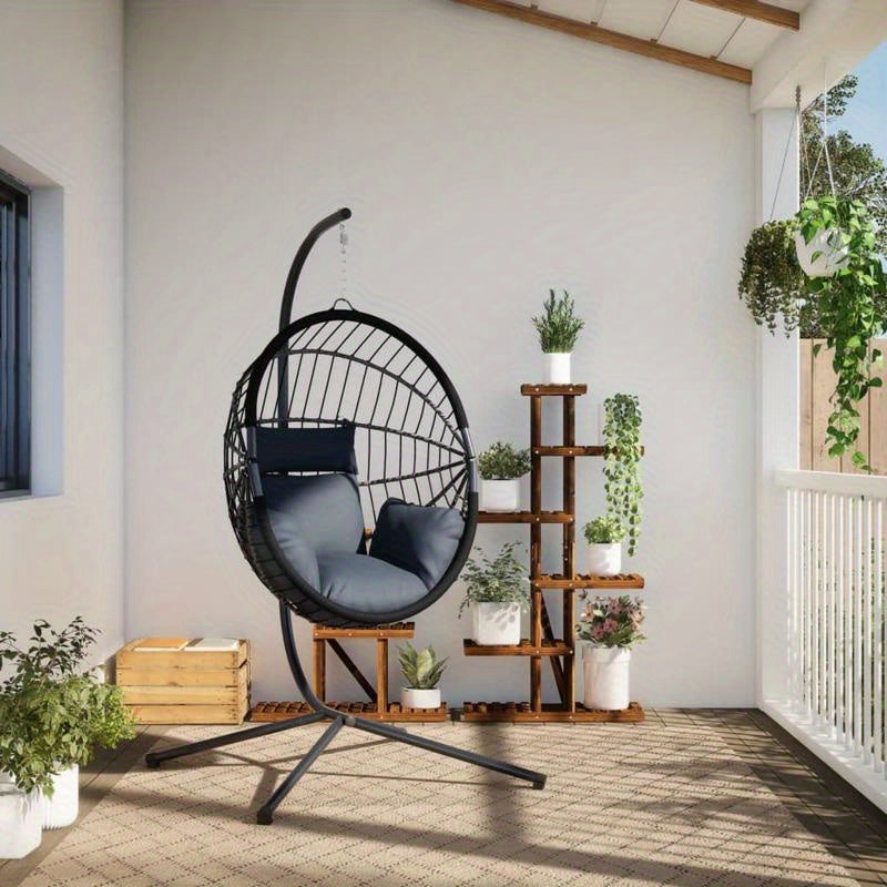 Hangstoel – Schommelstoel – Tuinstoel – Relaxstoel – Egg Chair – Anthraciet Rattan – Robuust Stalen Frame – Weerbestendig & Comfortabel Kussen