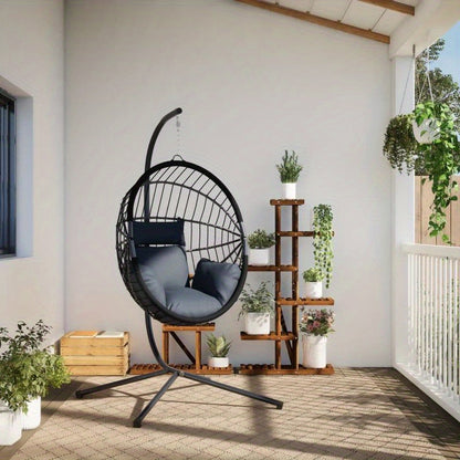 Hangstoel – Schommelstoel – Tuinstoel – Relaxstoel – Egg Chair – Anthraciet Rattan – Robuust Stalen Frame – Weerbestendig & Comfortabel Kussen