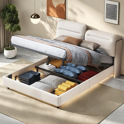 Tweepersoonsbed – Bed – Slaapbank – Opbergbed – Boxspring – 160x200 cm – Fluwelen Hoofdbord – Ingebouwde LED-Verlichting en USB Oplaadpoorten