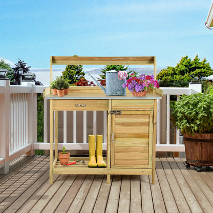 Tuinwerkbank – Oppottafel – Plantentafel – Werktafel – Tuinwerktafel – Vurenhout Met Gegalvaniseerd Metalen Werkblad – Waterbestendig En Met Opberglades