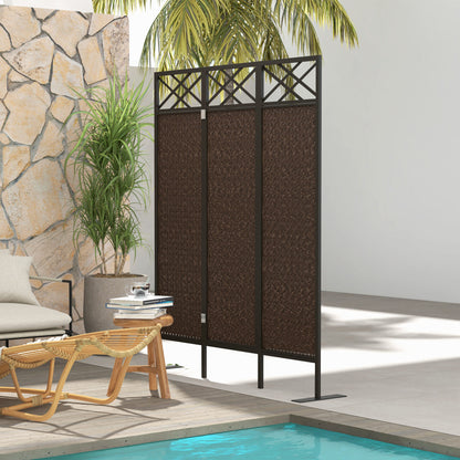 Roomdivider – Scheidingswand – Kamerscherm – Tuinscherm – Privacy Scherm – Vintage Design – Handgeweven PE Rattan – Weerbestendig Stalen Frame – 3 Panelen 148x33x181 cm – Bruin Zwart