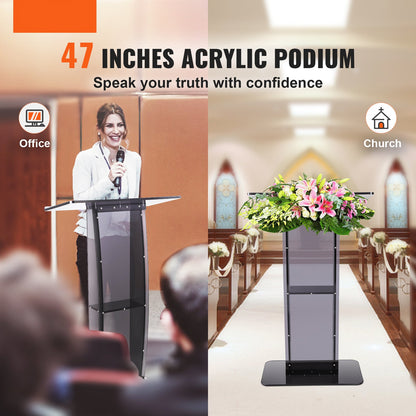 Acryl Podium – Sprekersstandaard – Presentatiepult – Lectern – Transparant Podium – Hoogte 120 cm – Dikke Heldere Acrylplaat – Opbergruimte en Penhouder – Zwarte Accenten