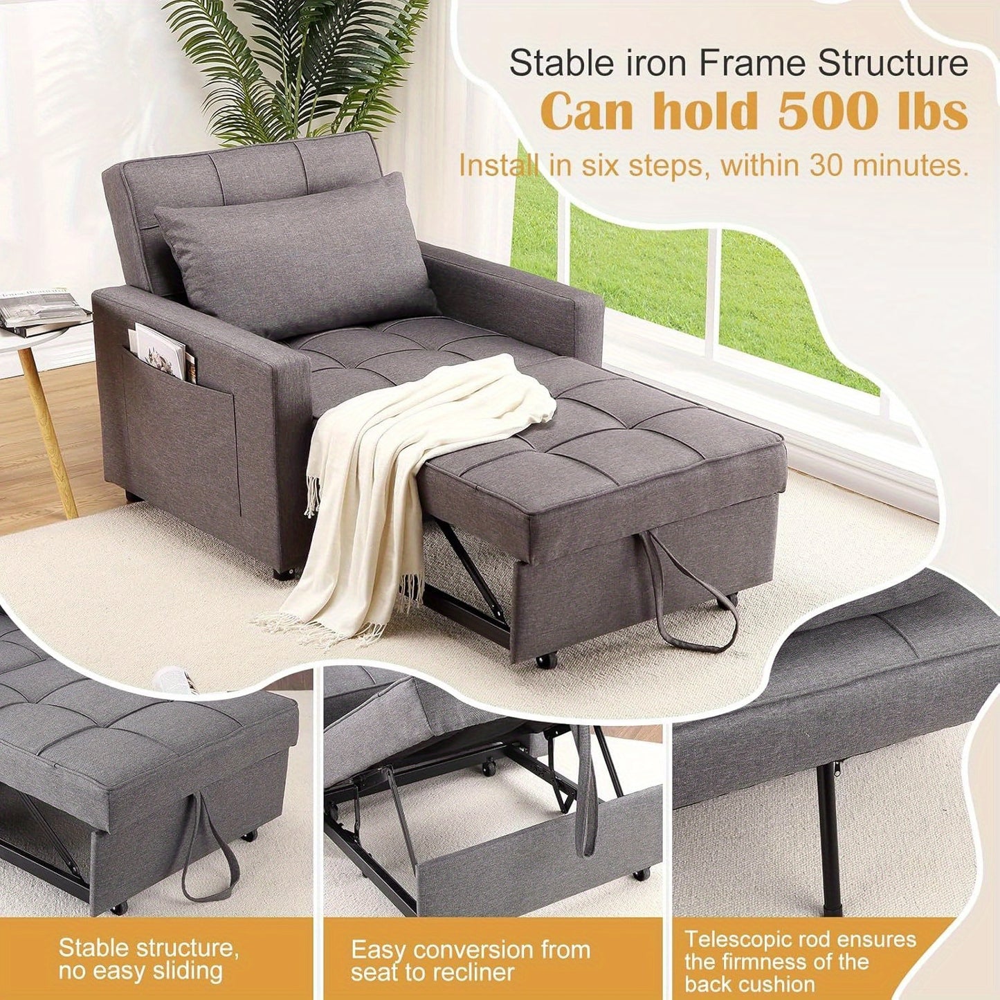 3-in-1 Sleeper Chair Bed with Folding Backrest & Side Pocket - Space-Saving Convertible Sofa Bed, Hardwood/Plywood Frame, Easy Assembly, No Batteries/Electricity, Ideal for Guest Rooms, Small Spaces, Apartments - Modern Grey