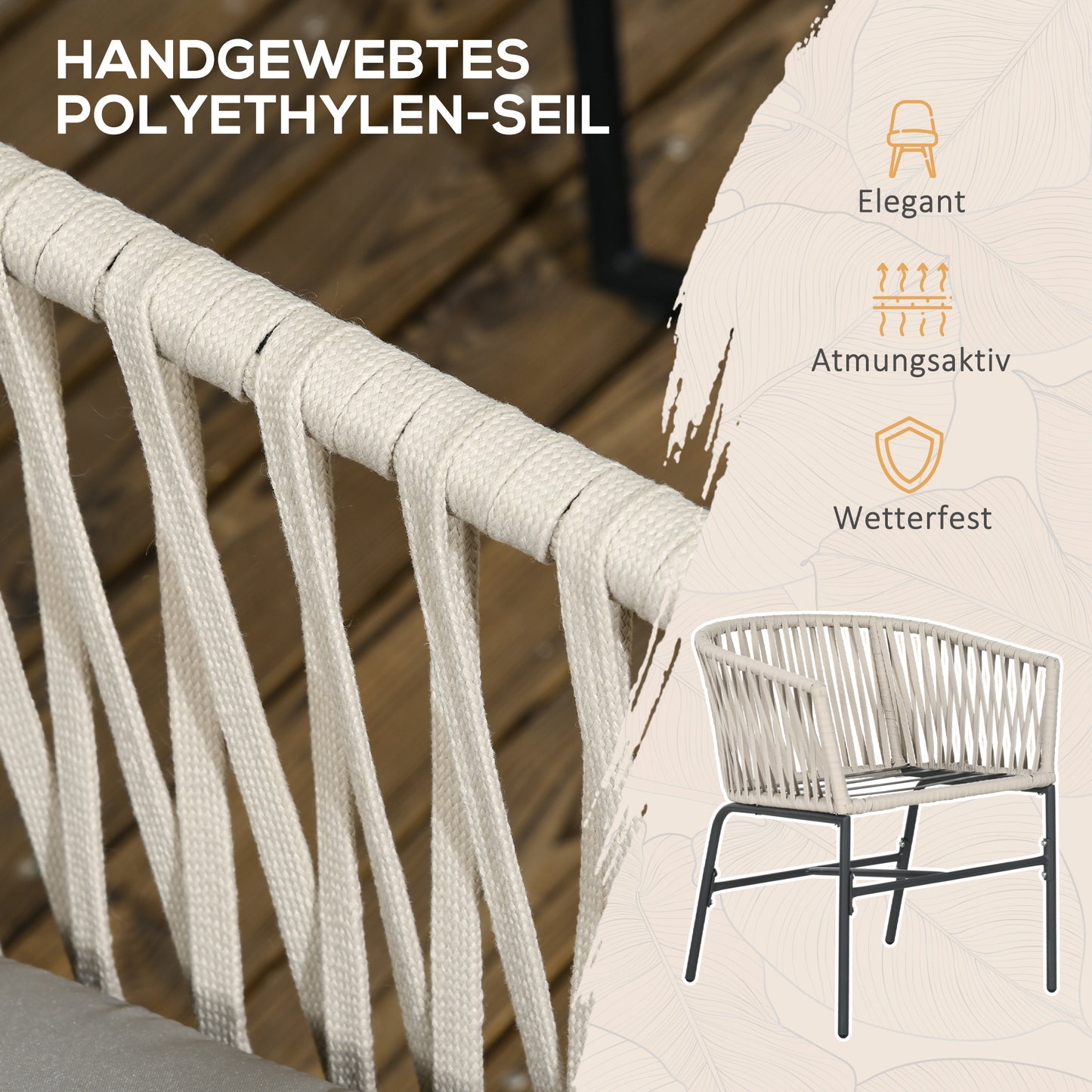 Terrasstoel Set – Tuinstoelen – Balkon Stoelen – Buiten Stoelen – Boho Tuinmeubilair – Comfortabele Zitschaal – Wasbare Kussenhoes – Stabiel Metalen Frame – Beige