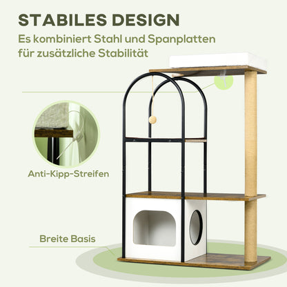 Krabpaal – Kattenboom – Krabmeubel – Kattenhuis – Kattentoren – 4 Verdiepingen – Speelbal – Valbeveiliging – 80x40x118,5 cm – Bruin/Wit