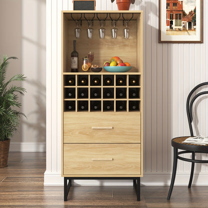 Wijnrek – Wijnkast – Flessenrek – Wijnopslag – Wijnfleshouder – Beige Houten Design – 18 Vakken Met 2 Lades – Matte Zwarte Metalen Pootjes