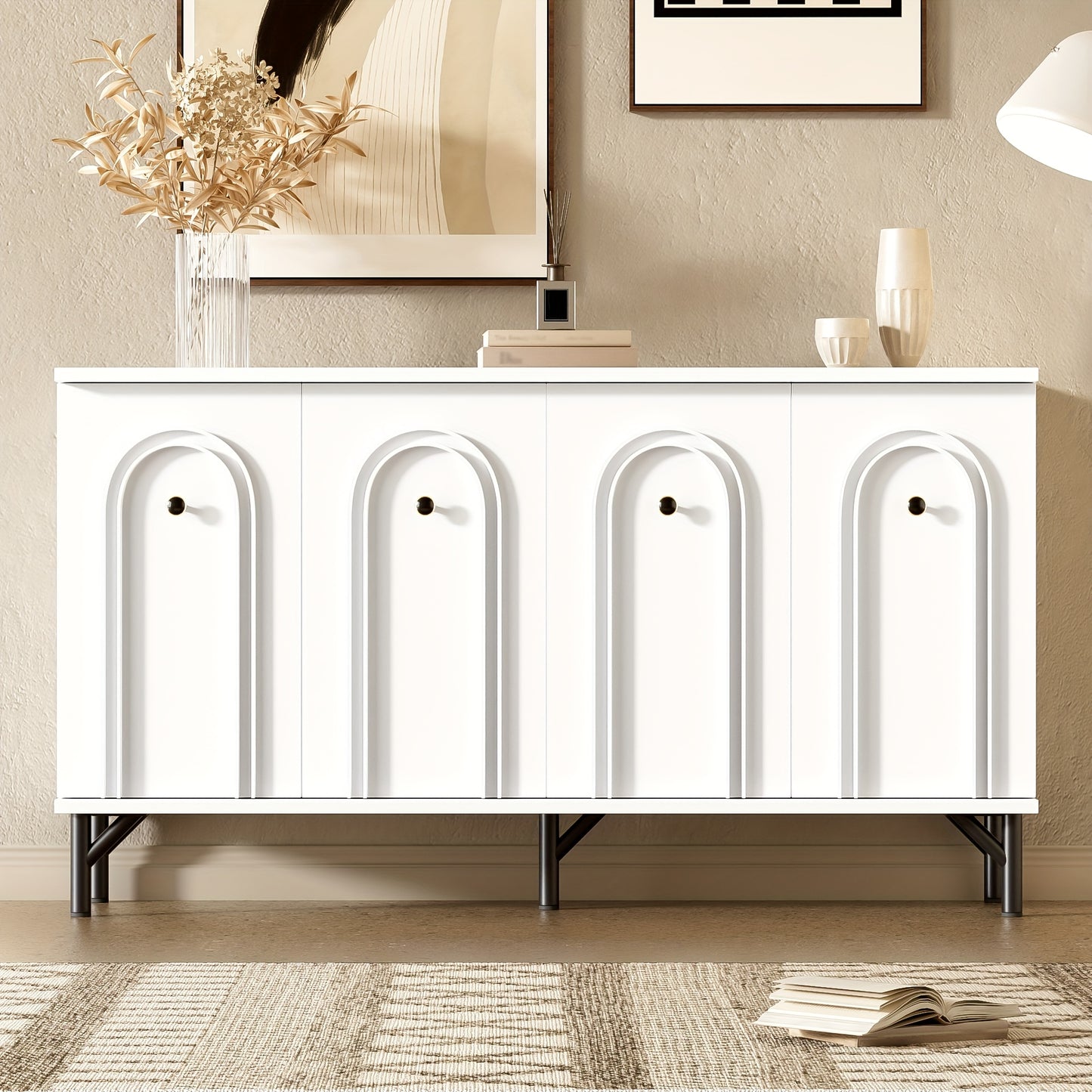 Dressoir – Sideboard – Opbergkast – Kast – Meubel – Wit – 140 cm – Modern Design Met 3D Gebogen Panelen – Verstelbare Planken